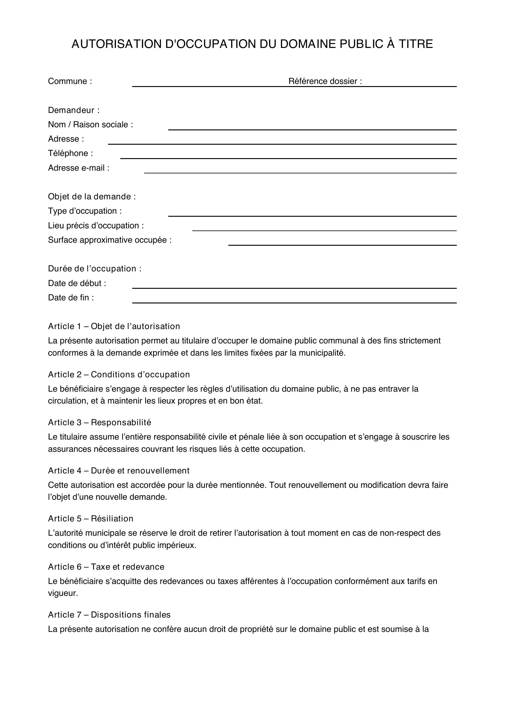 Modele Autorisation D'Occupation Du Domaine Public À Titre