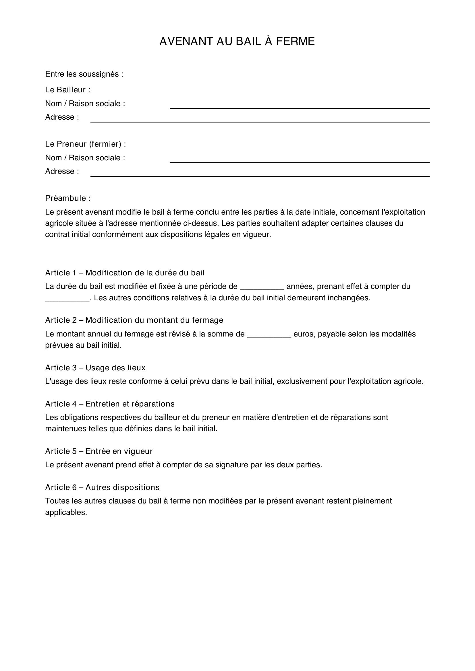 Modèle Avenant Bail À Ferme