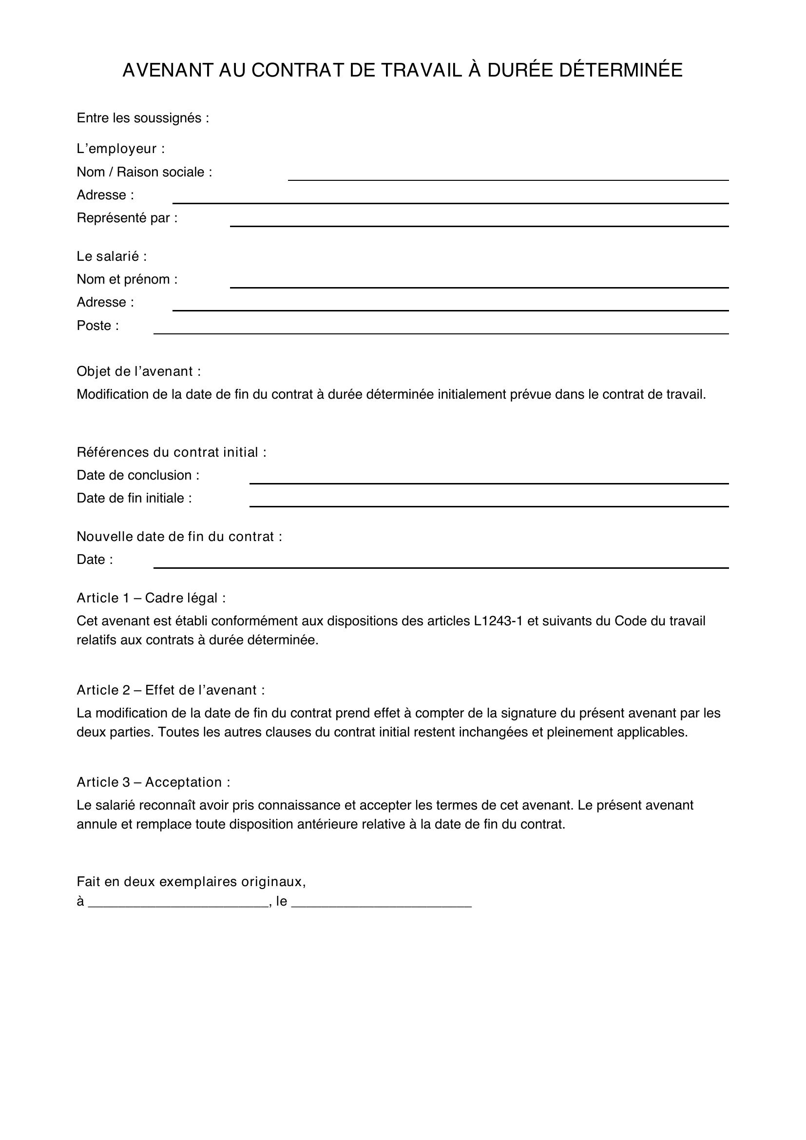 Modèle Avenant Cdd Modification Date De Fin