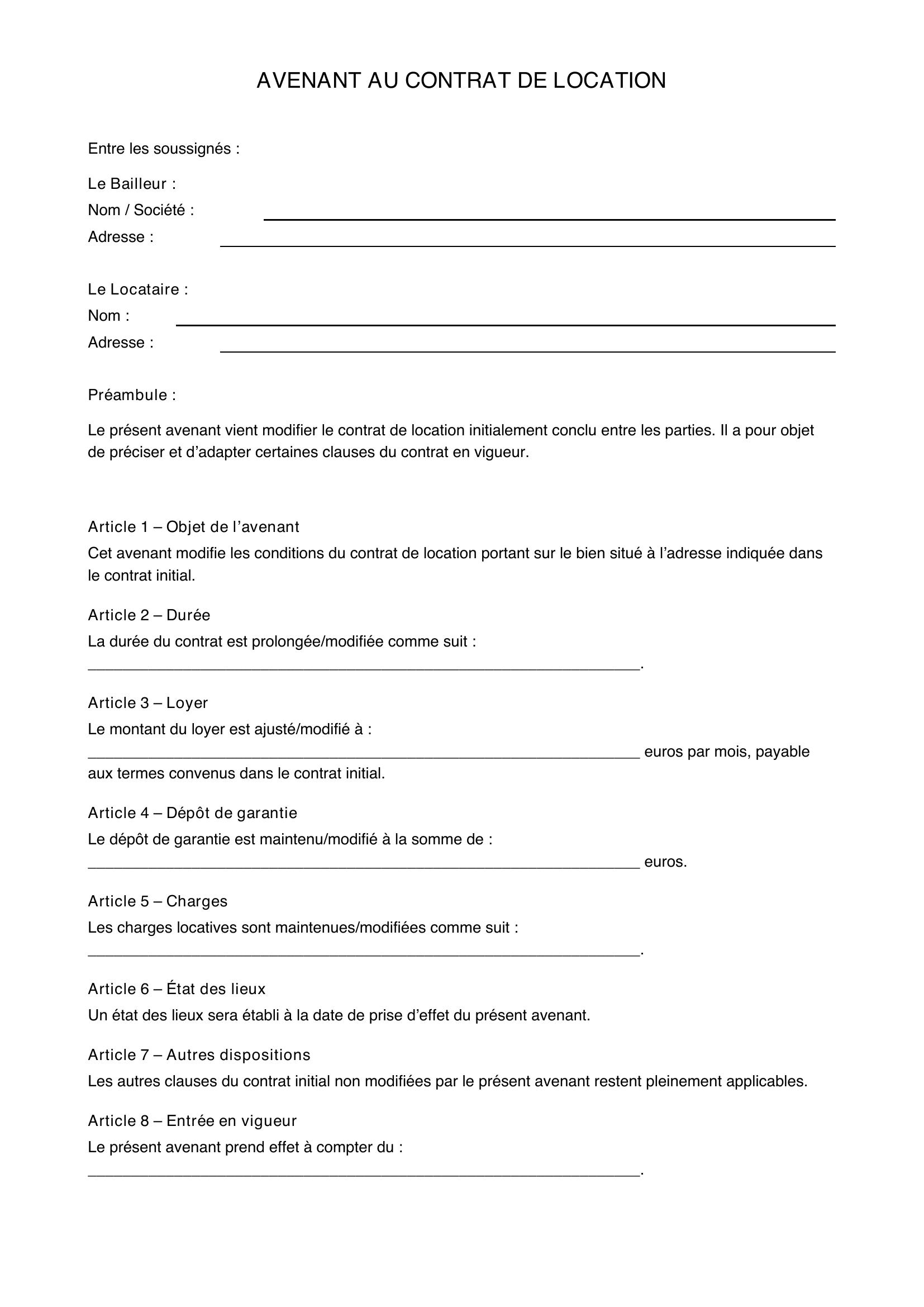 Modèle Avenant Contrat De Location