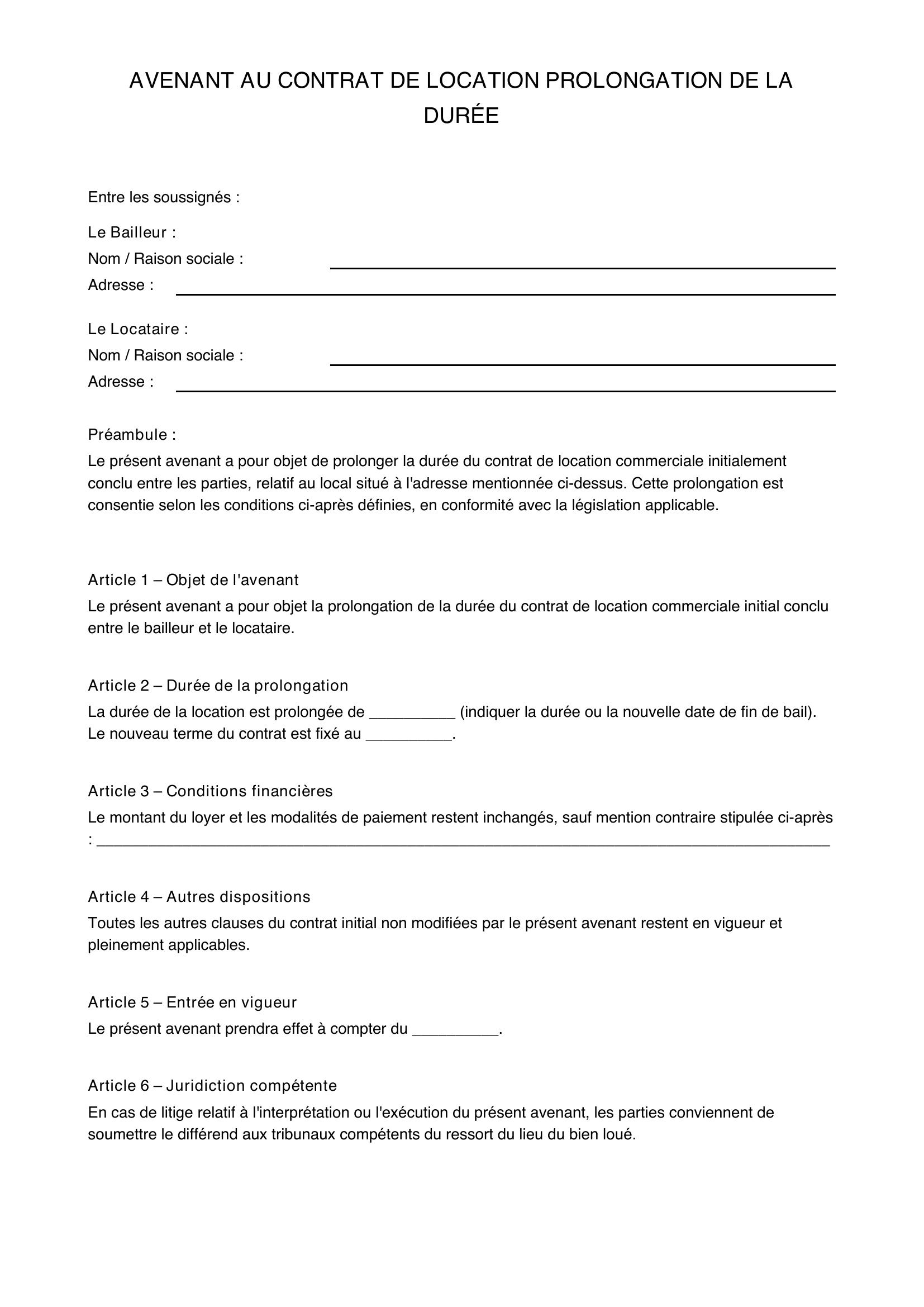 Modèle Avenant Contrat De Location Prolongation