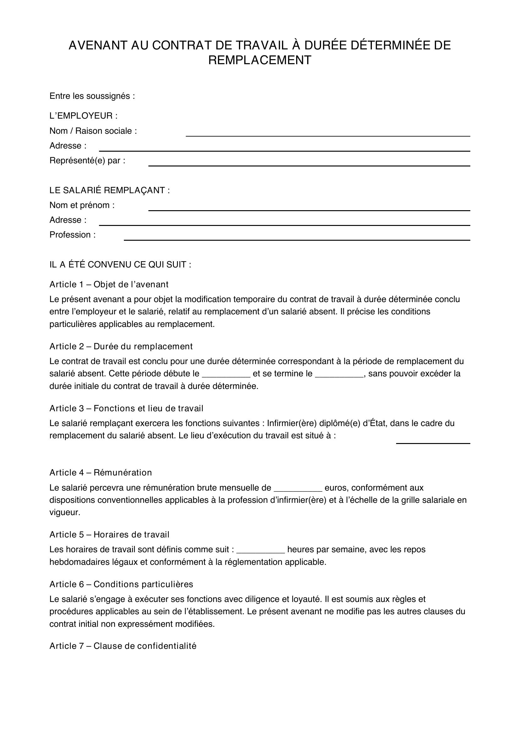 Modèle Avenant Contrat Remplacement Infirmier