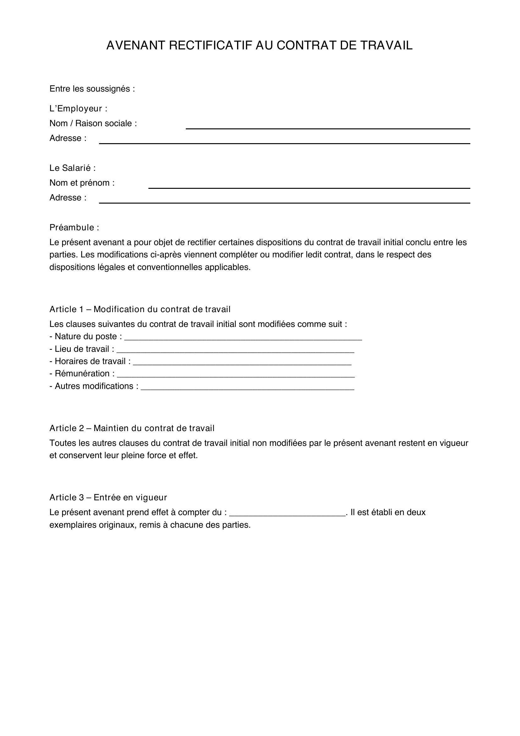 Modèle Avenant Rectificatif Contrat De Travail