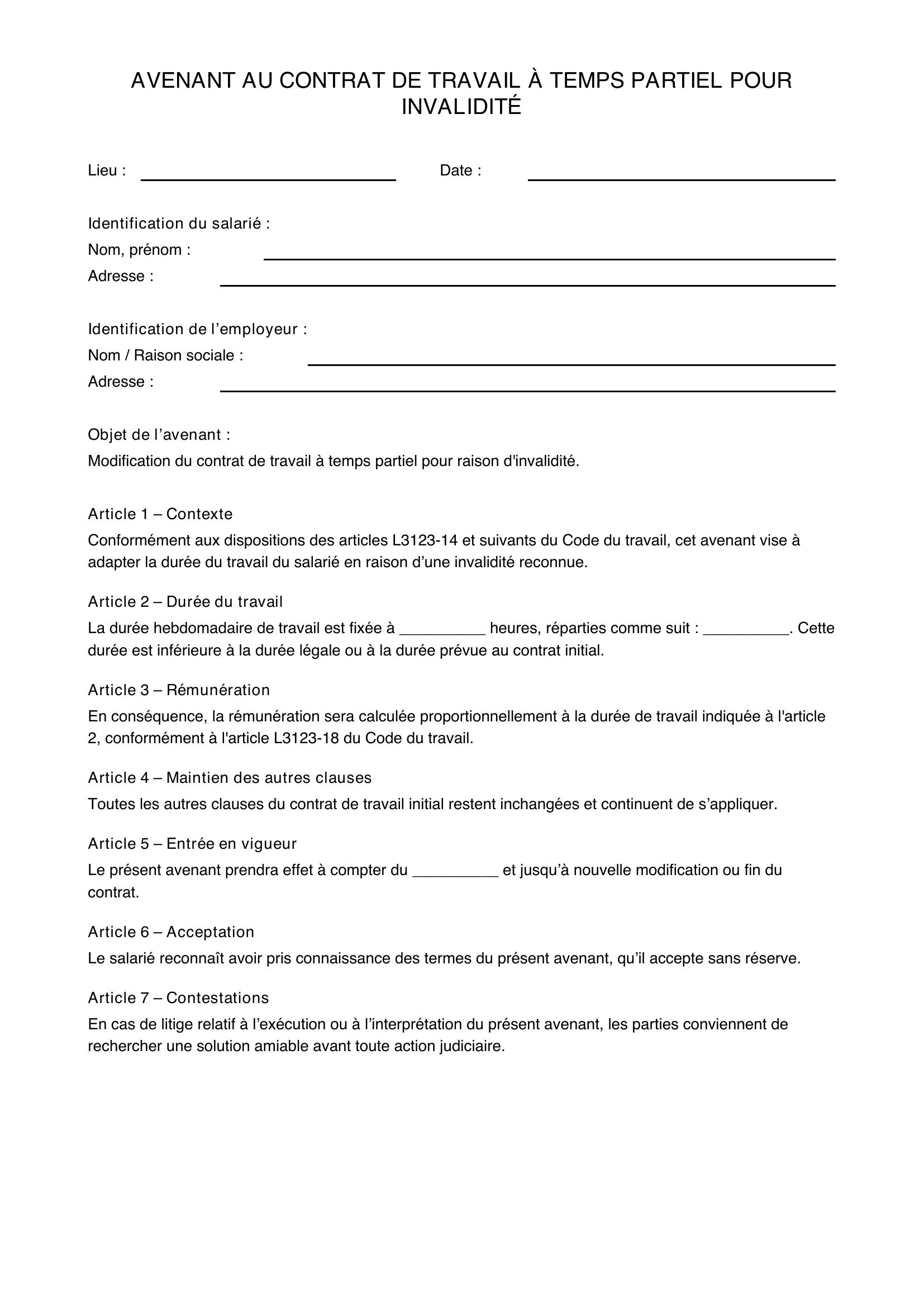 Modèle Avenant Temps Partiel Invalidité