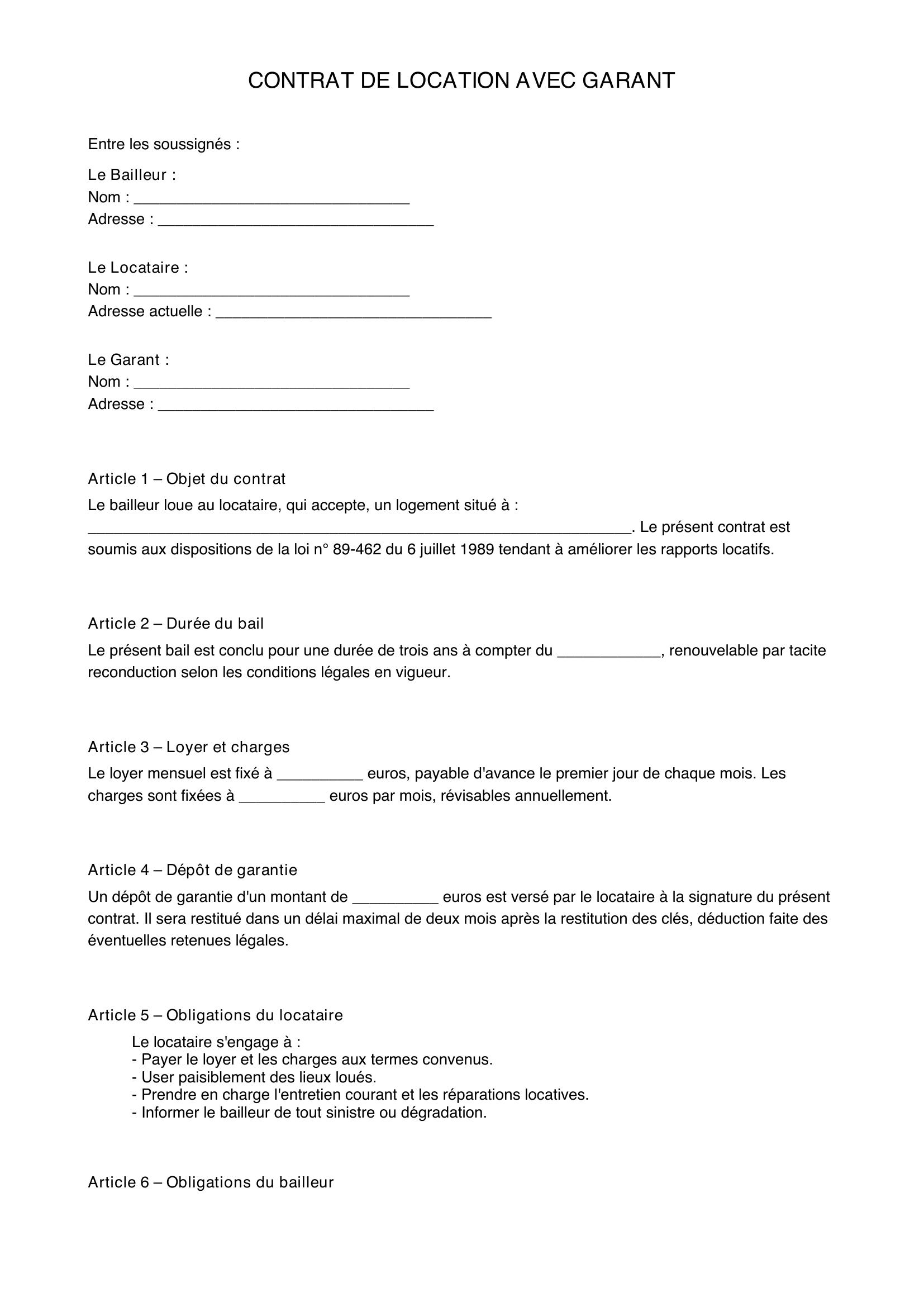 Bail Avec Garant Modèle