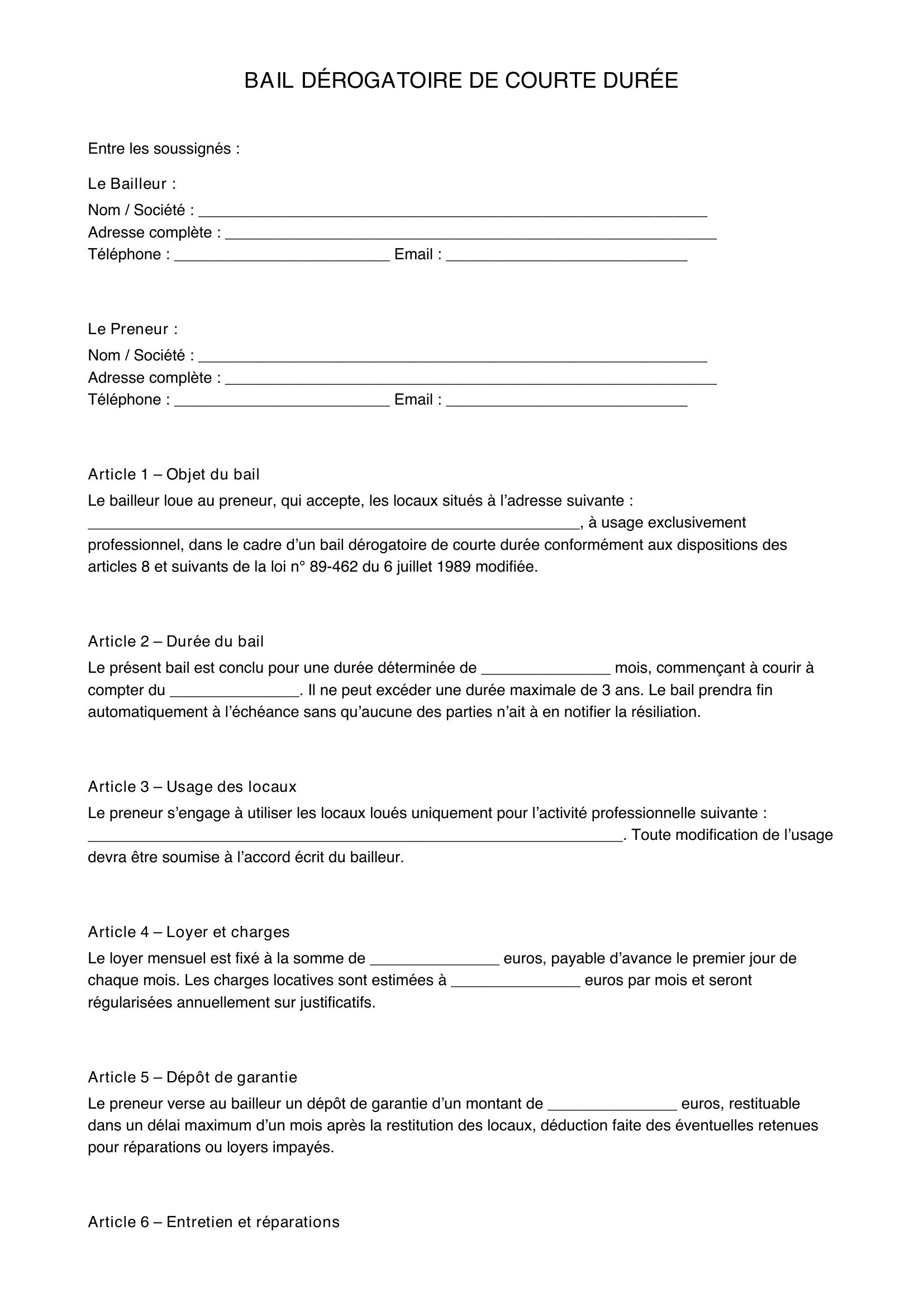 Modèle Bail Dérogatoire De Courte Durée