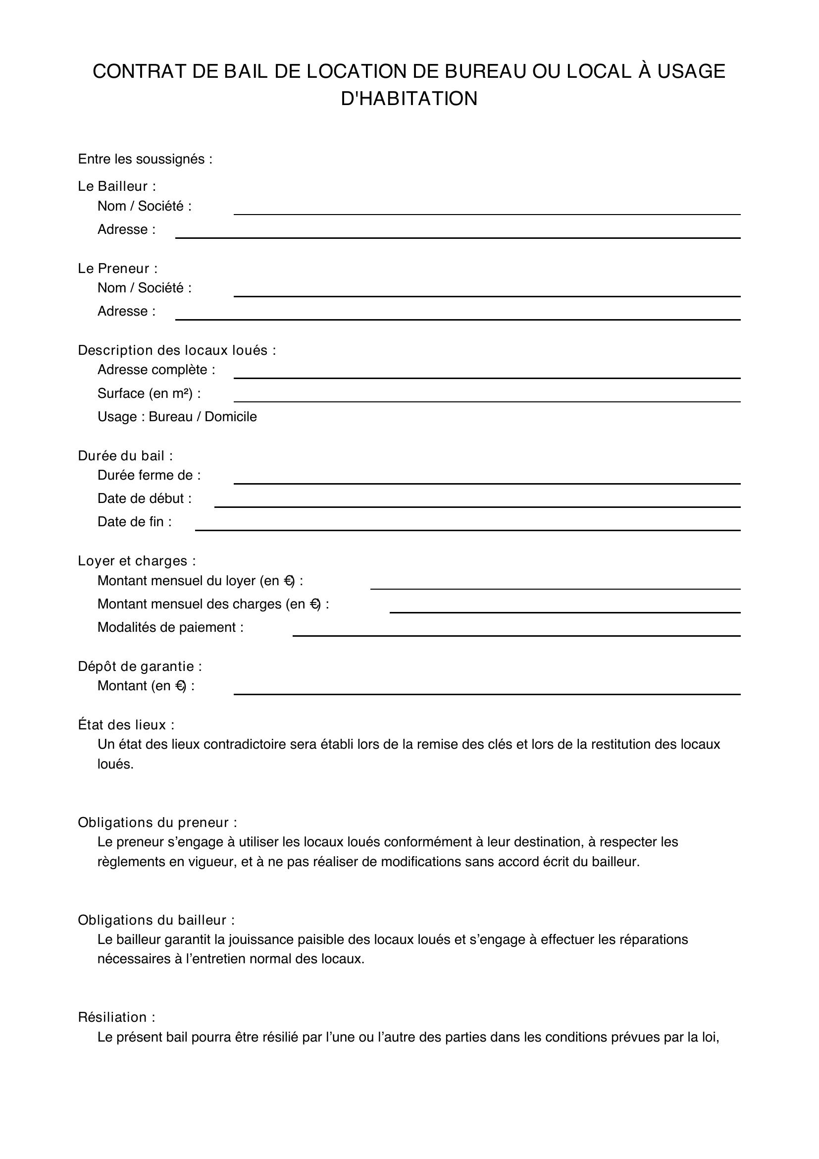 Bail Location Bureau Domicile