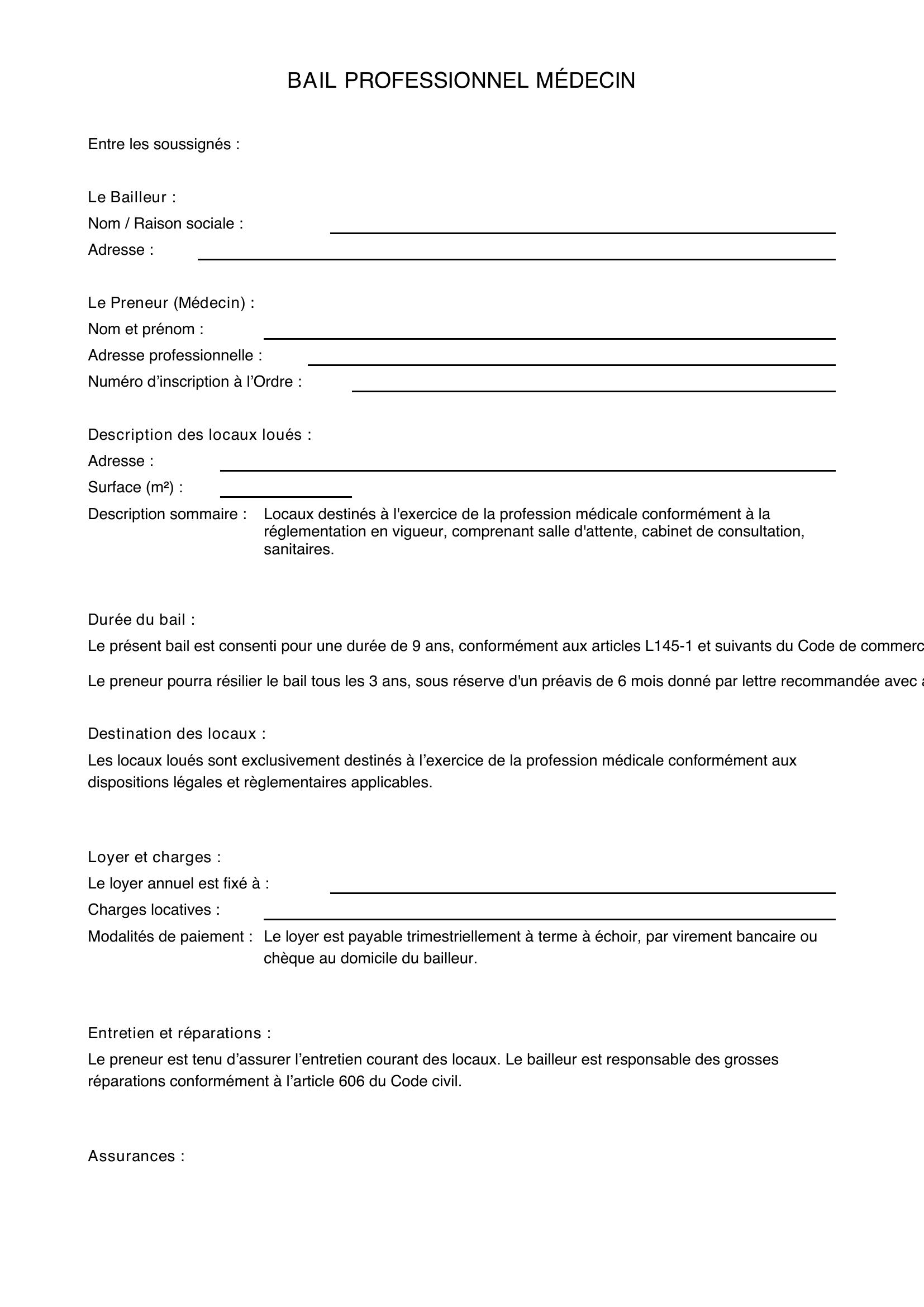Modèle Bail Professionnel Médecin