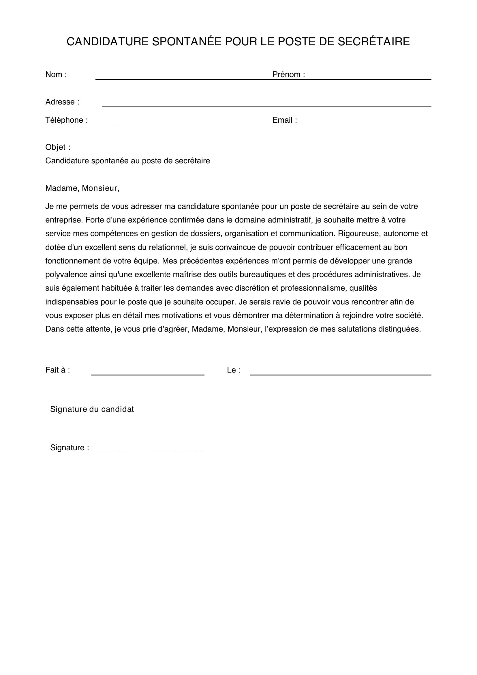 Candidature Spontanée Secrétaire