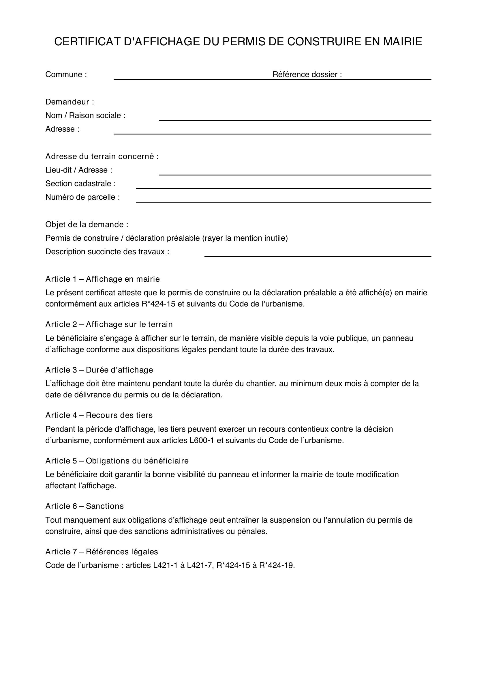 Modèle Certificat D'Affichage Permis De Construire En Mairie