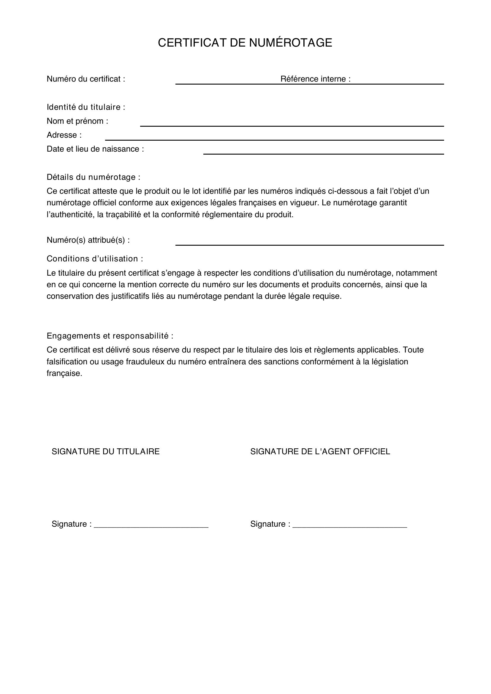 Certificat De Numérotage Modèle