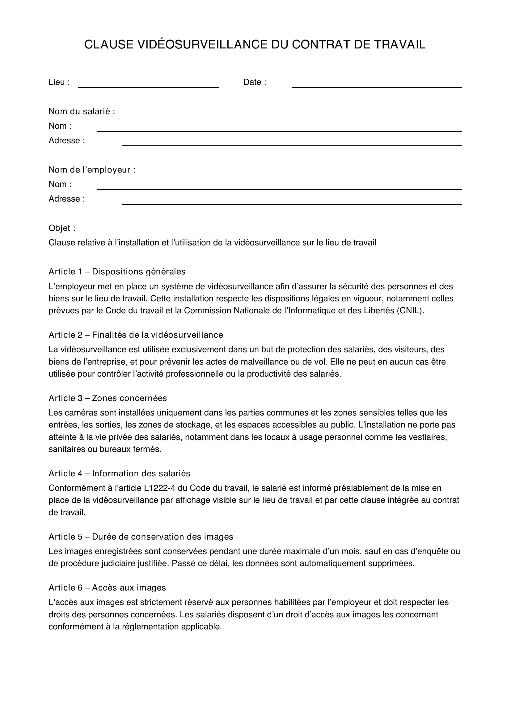 Modèle Clause Vidéosurveillance Contrat De Travail