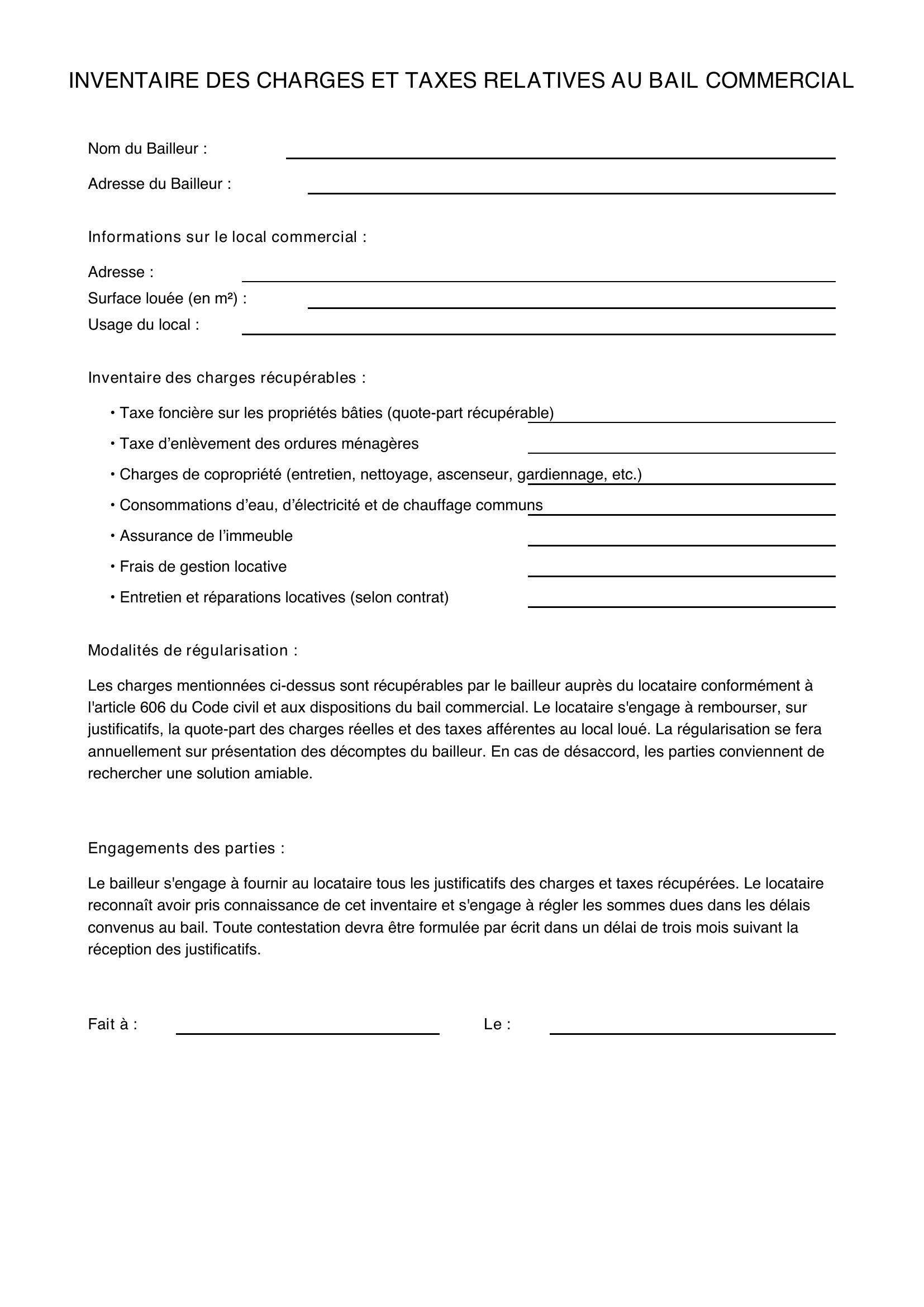 Modèle Inventaire Charges Bail Commercial