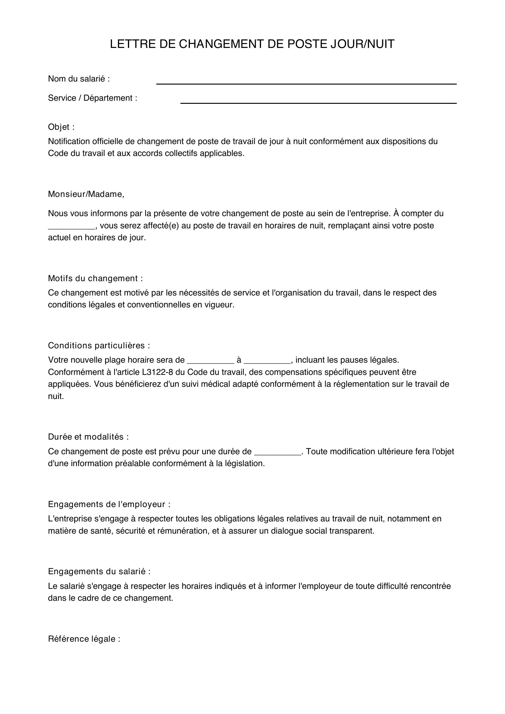 Lettre Changement De Poste Jour Nuit E