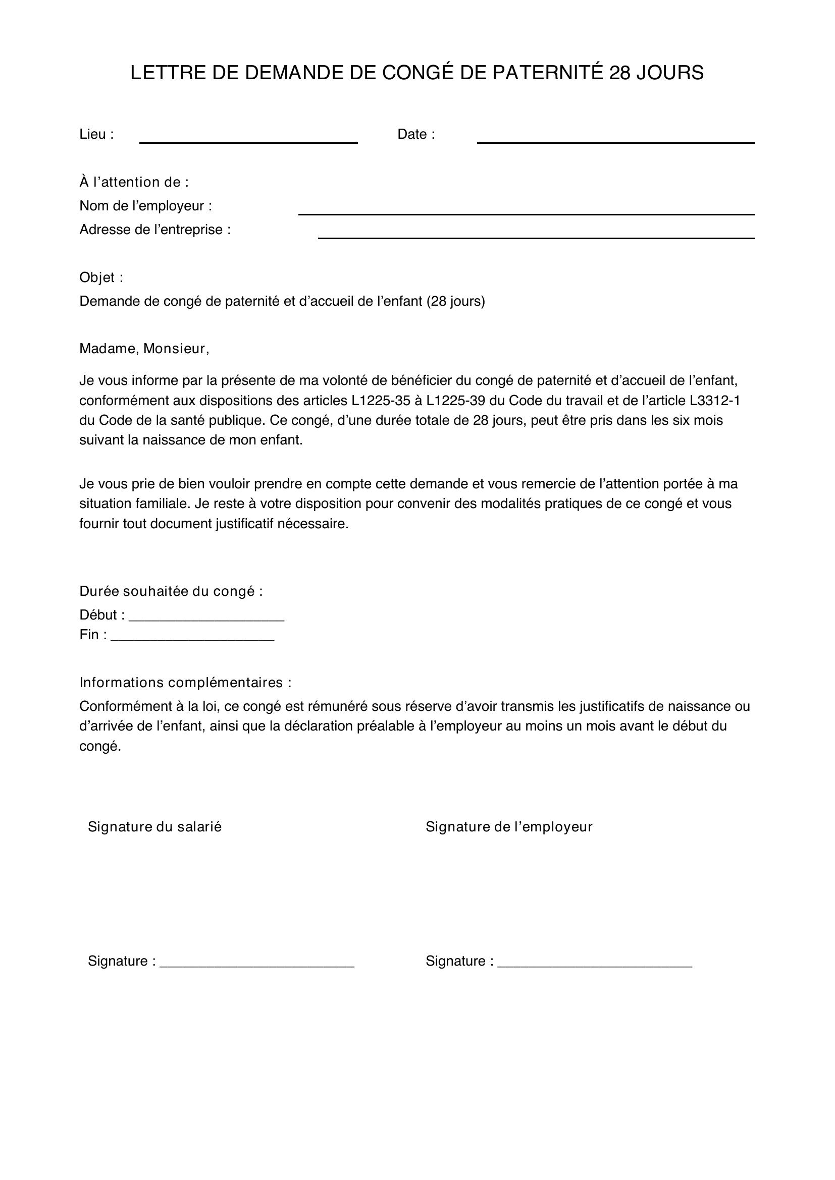 Modèle Lettre Congé Paternité 28 Jours Employeur