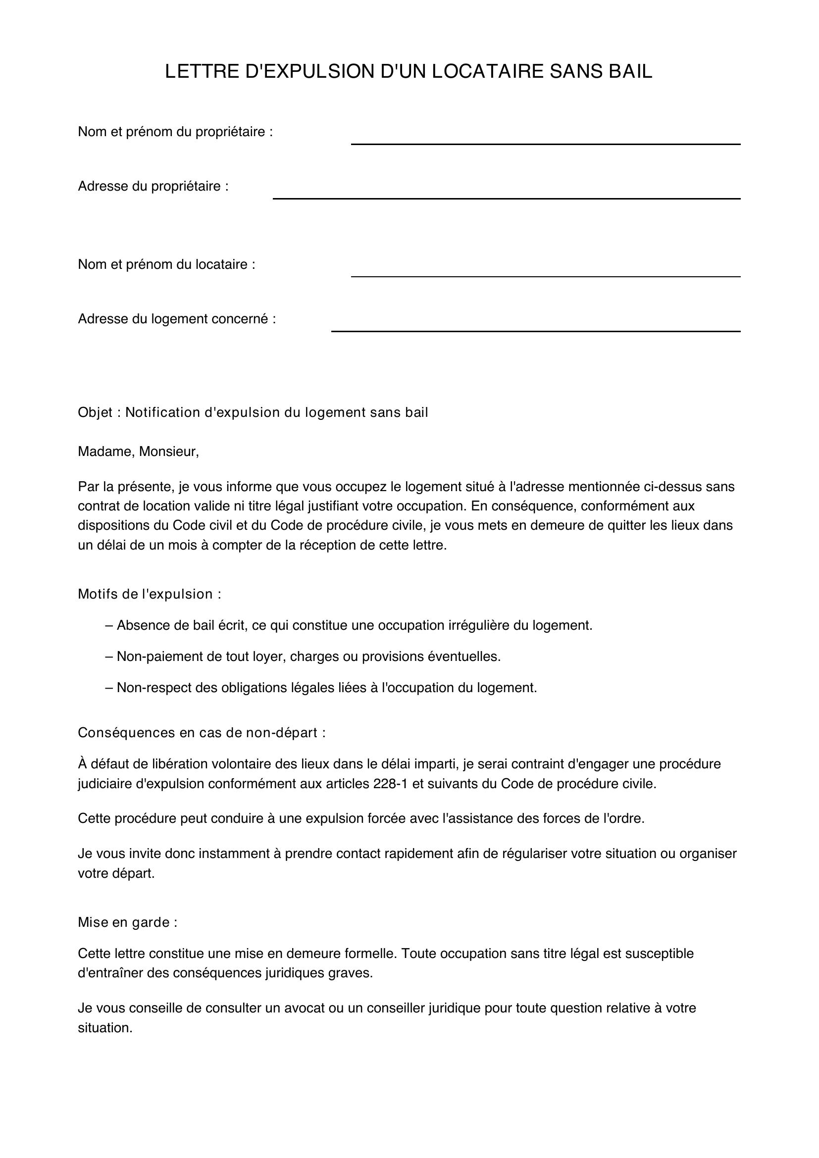 Modèle Lettre D'Expulsion D'Un Locataire Sans Bail