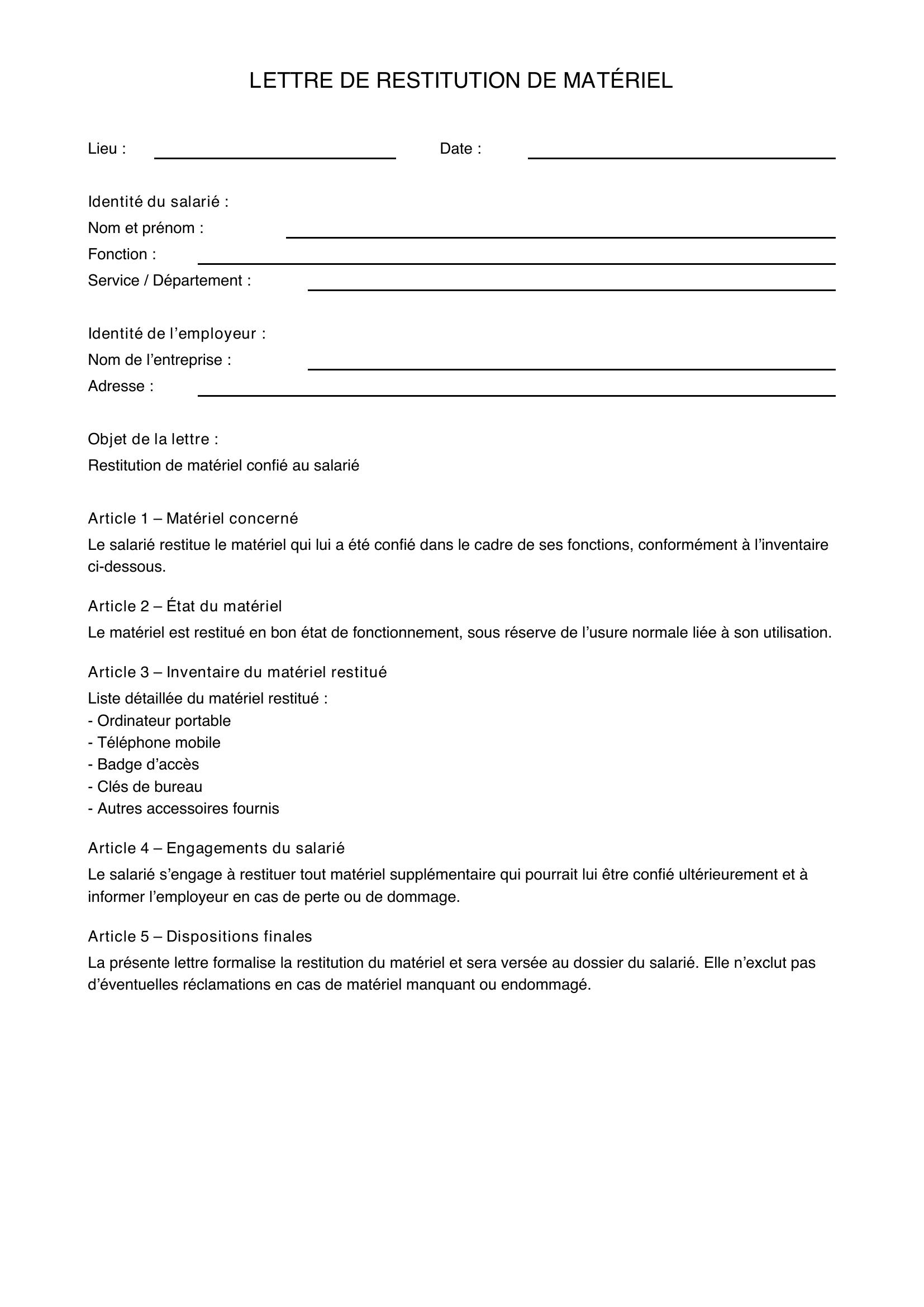 Modèle De Lettre De Restitution De Matériel