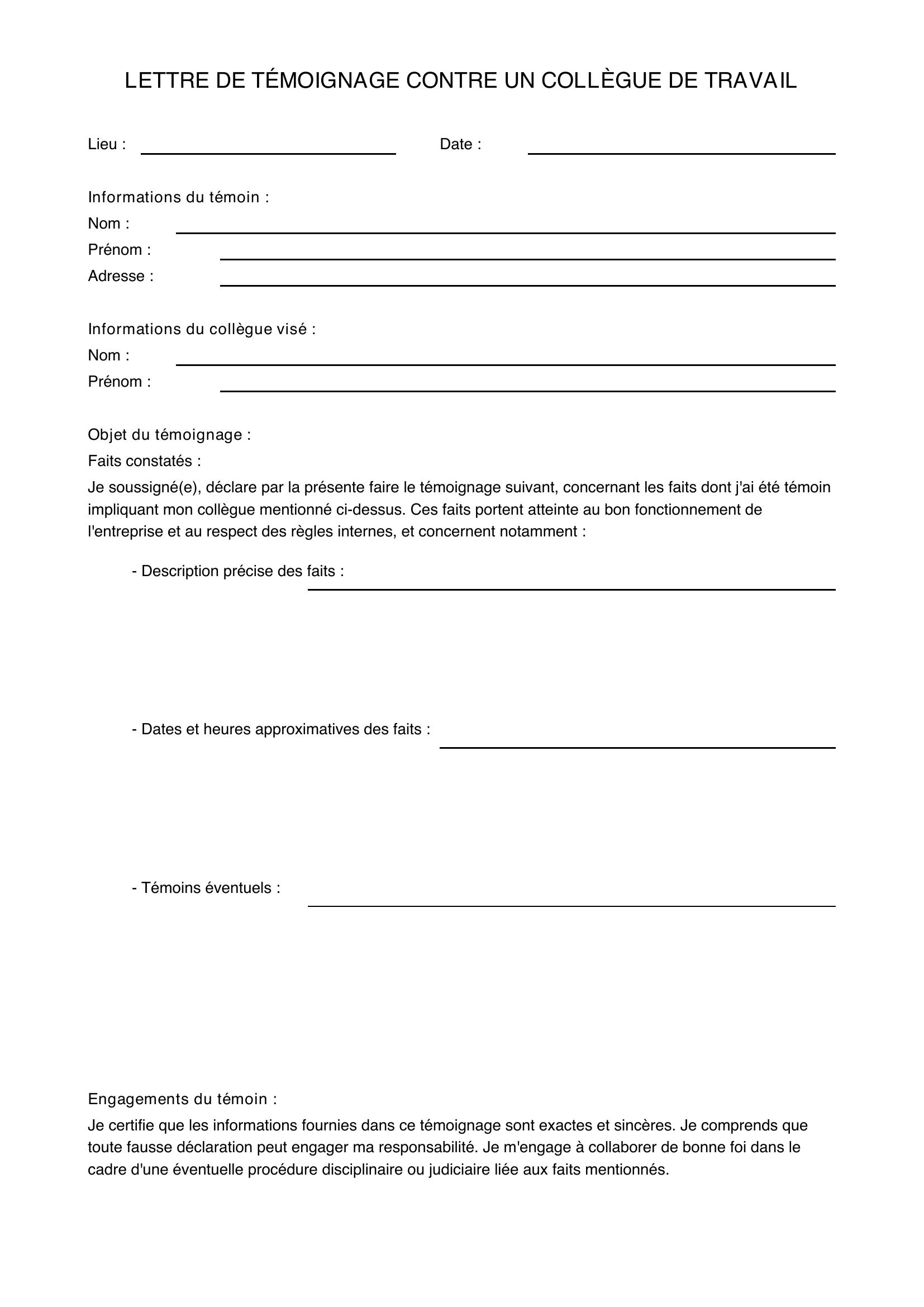 Lettre De Témoignage Contre Un Collègue De Travail