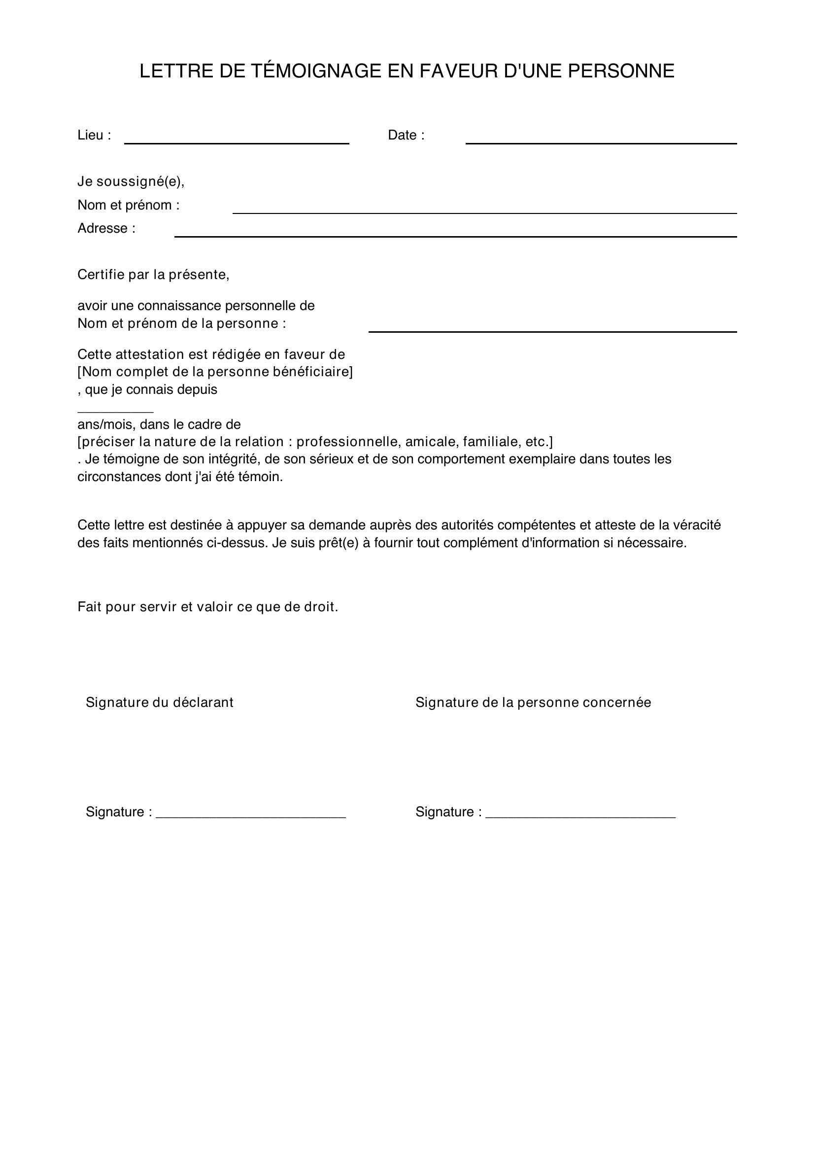 Modèle De Lettre De Témoignage En Faveur D'Une Personne