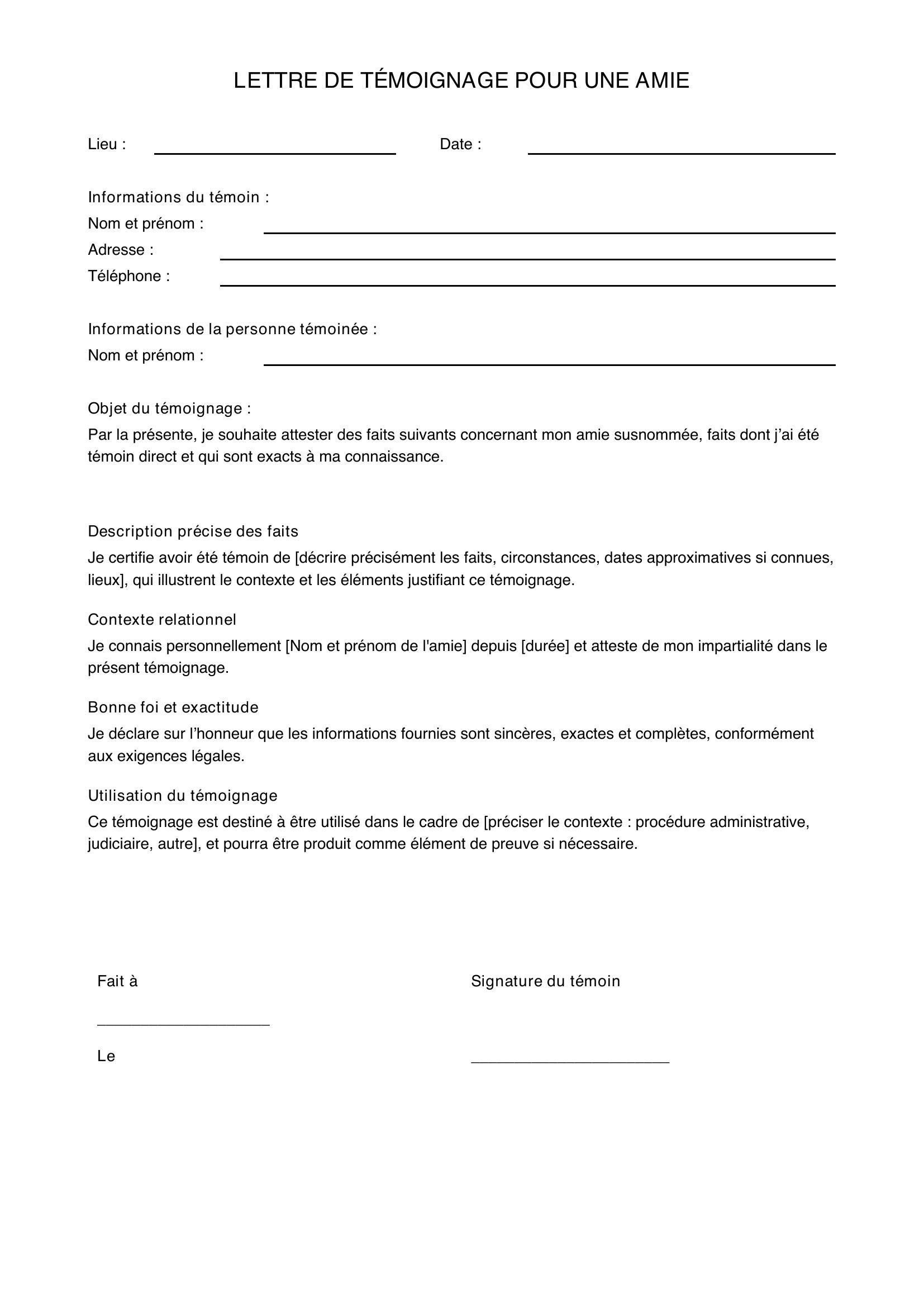 Lettre De Témoignage Pour Une Amie