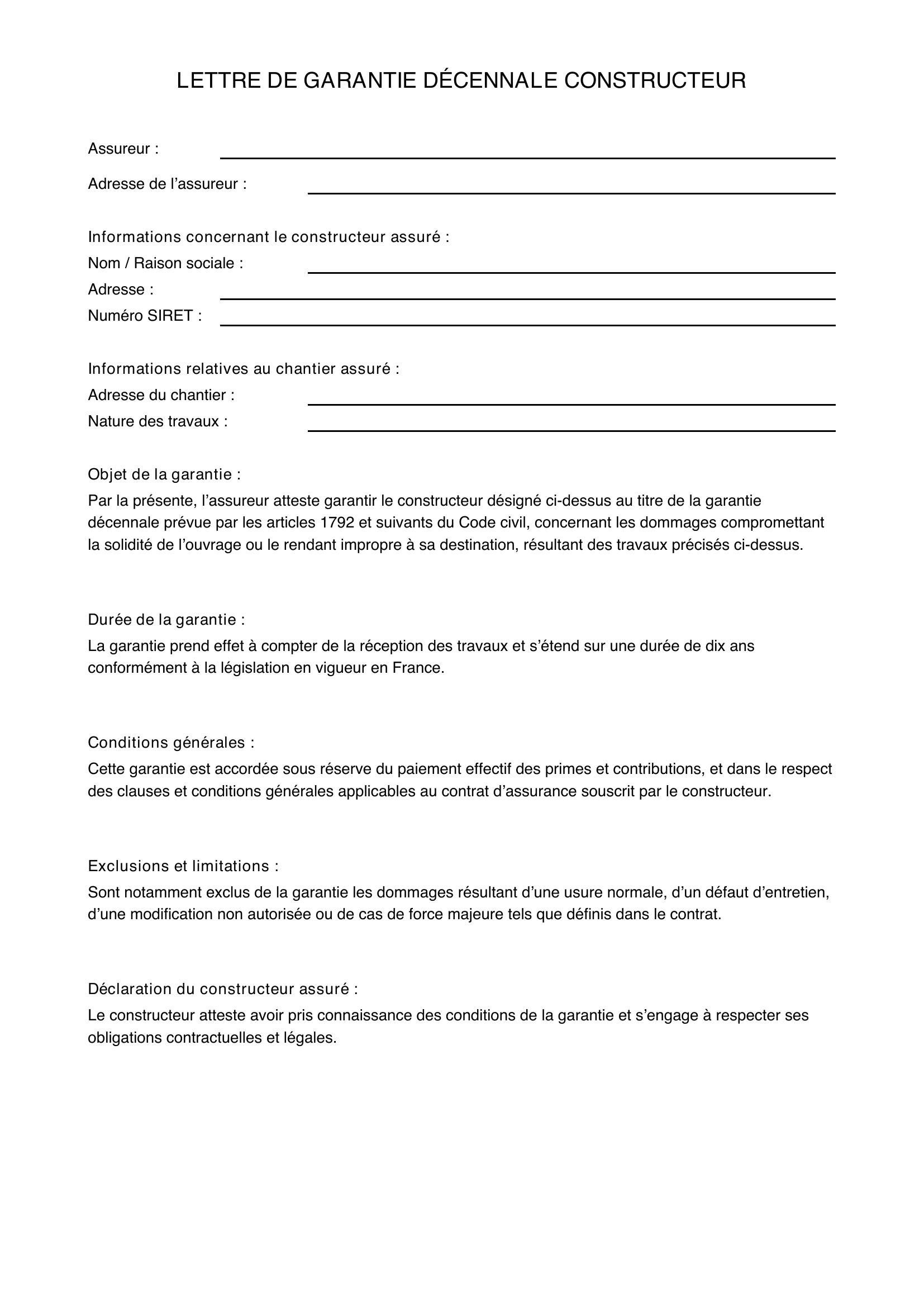 Modèle Lettre Garantie Décennale Constructeur