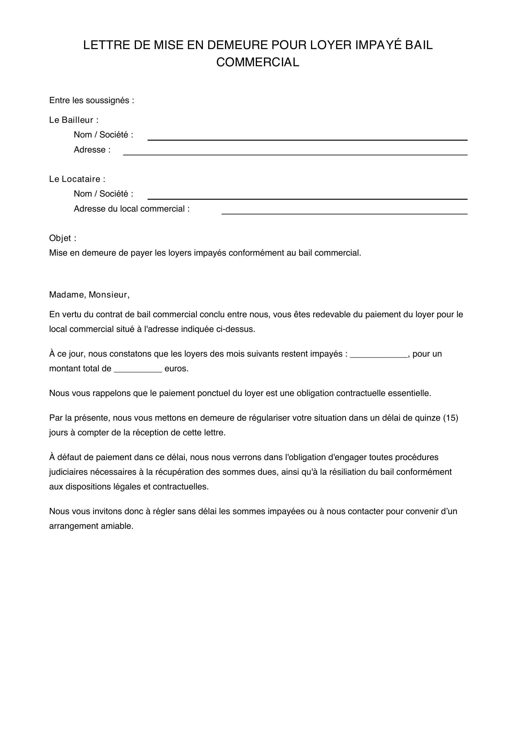 Modèle De Lettre Loyer Impayé Bail Commercial