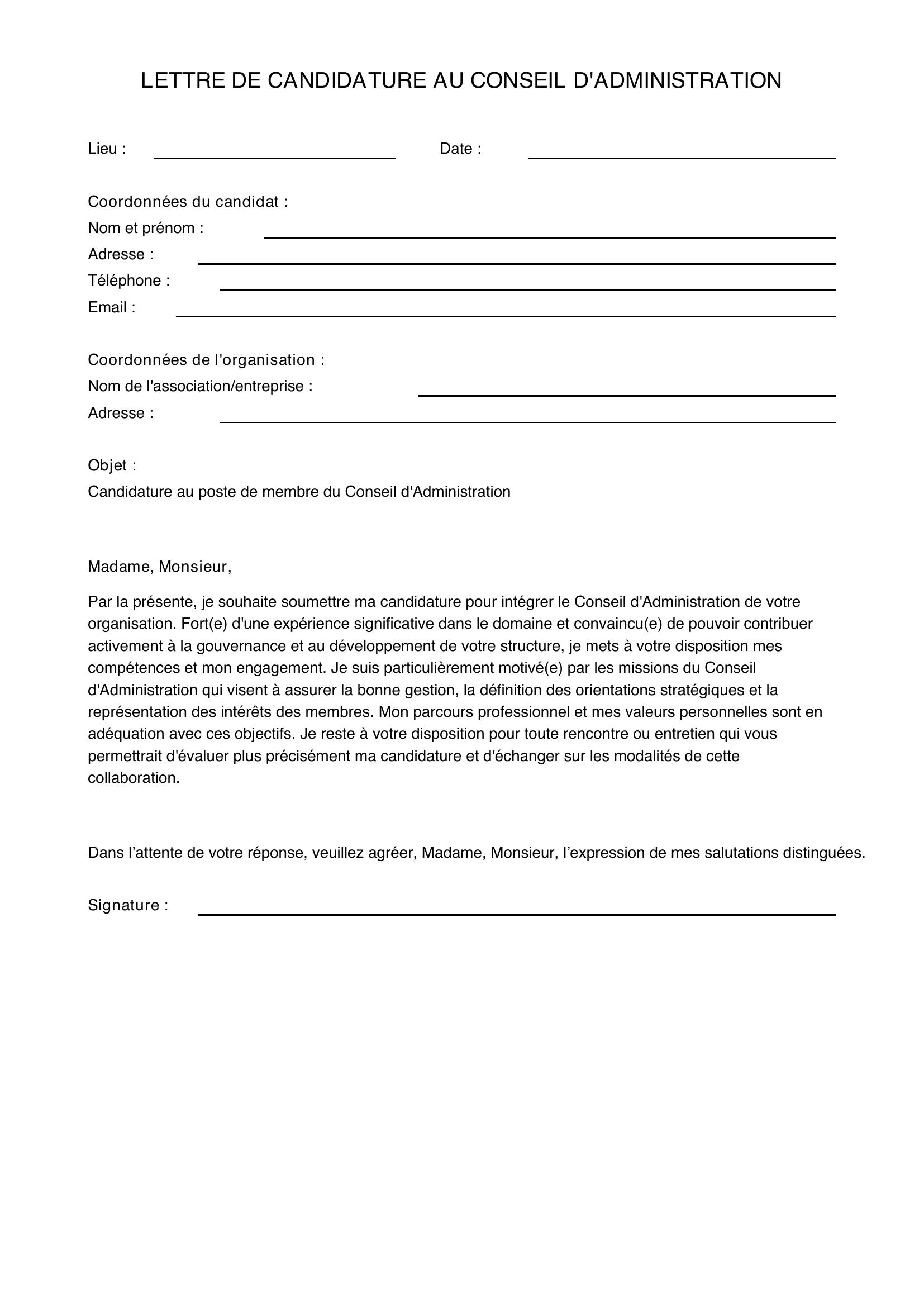 Modèle Lettre Pour Candidature Conseil D'Administration