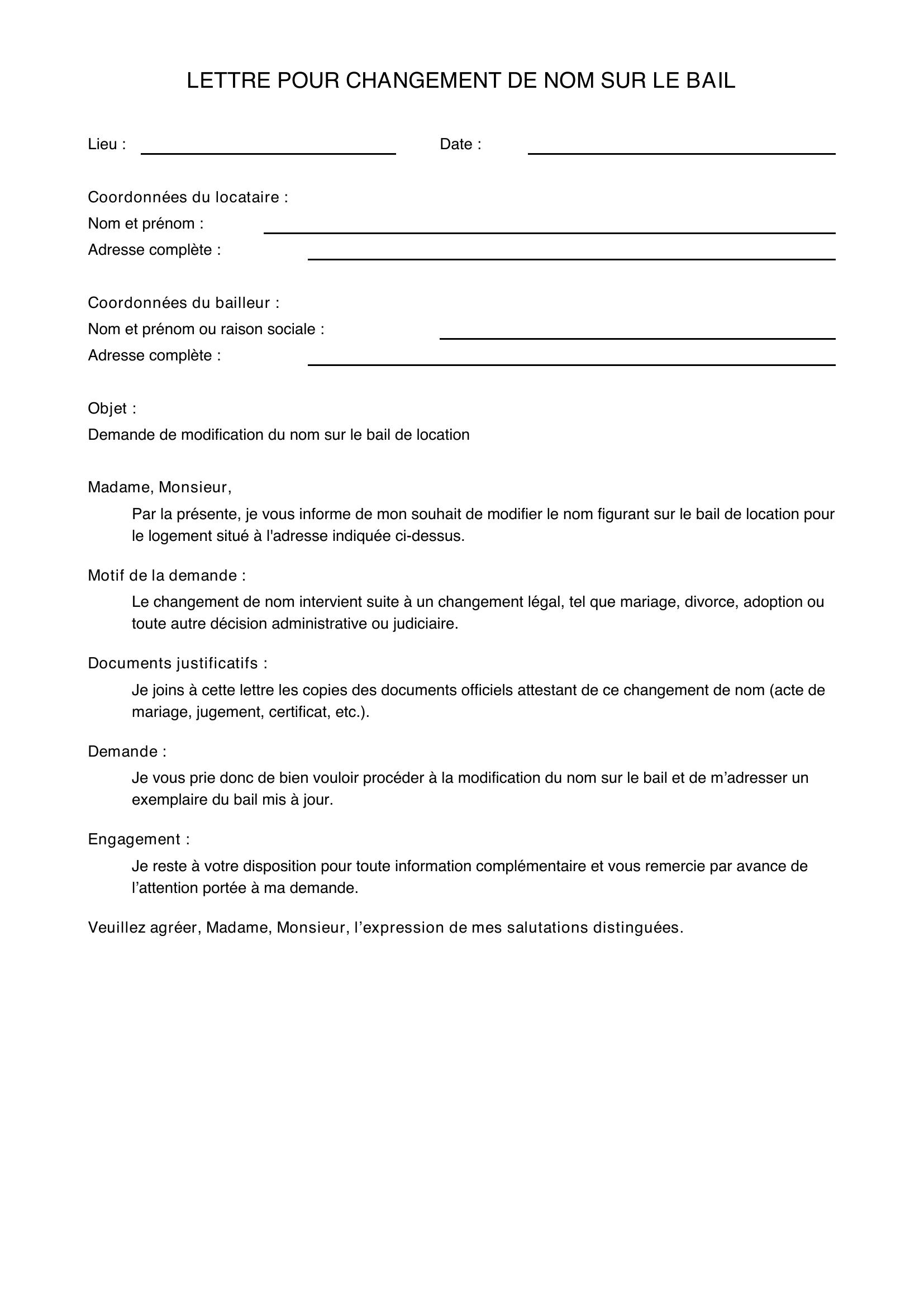 Modèle De Lettre Pour Changement De Nom Sur Le Bail