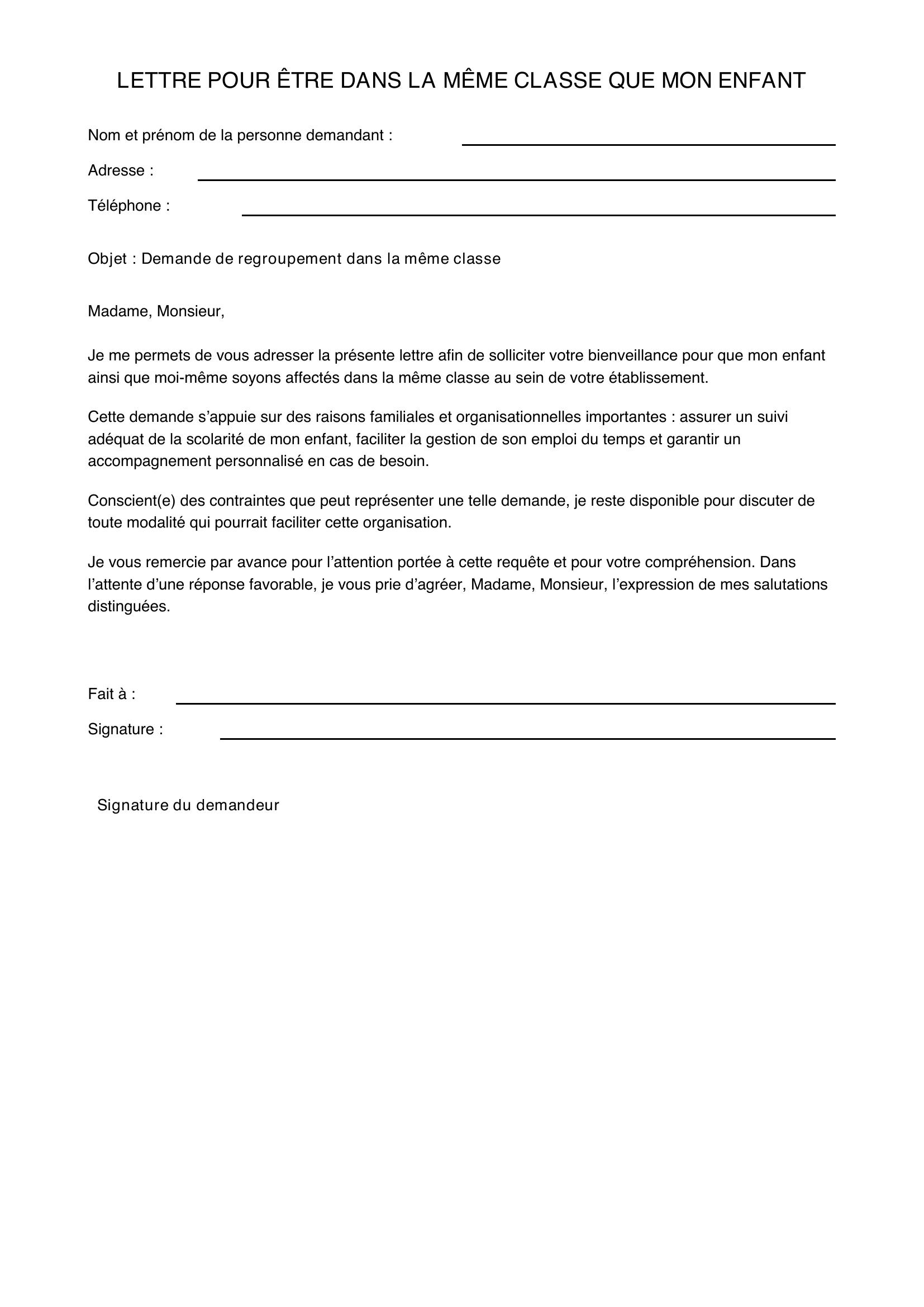 Lettre Pour Être Dans La Même Classe Parent