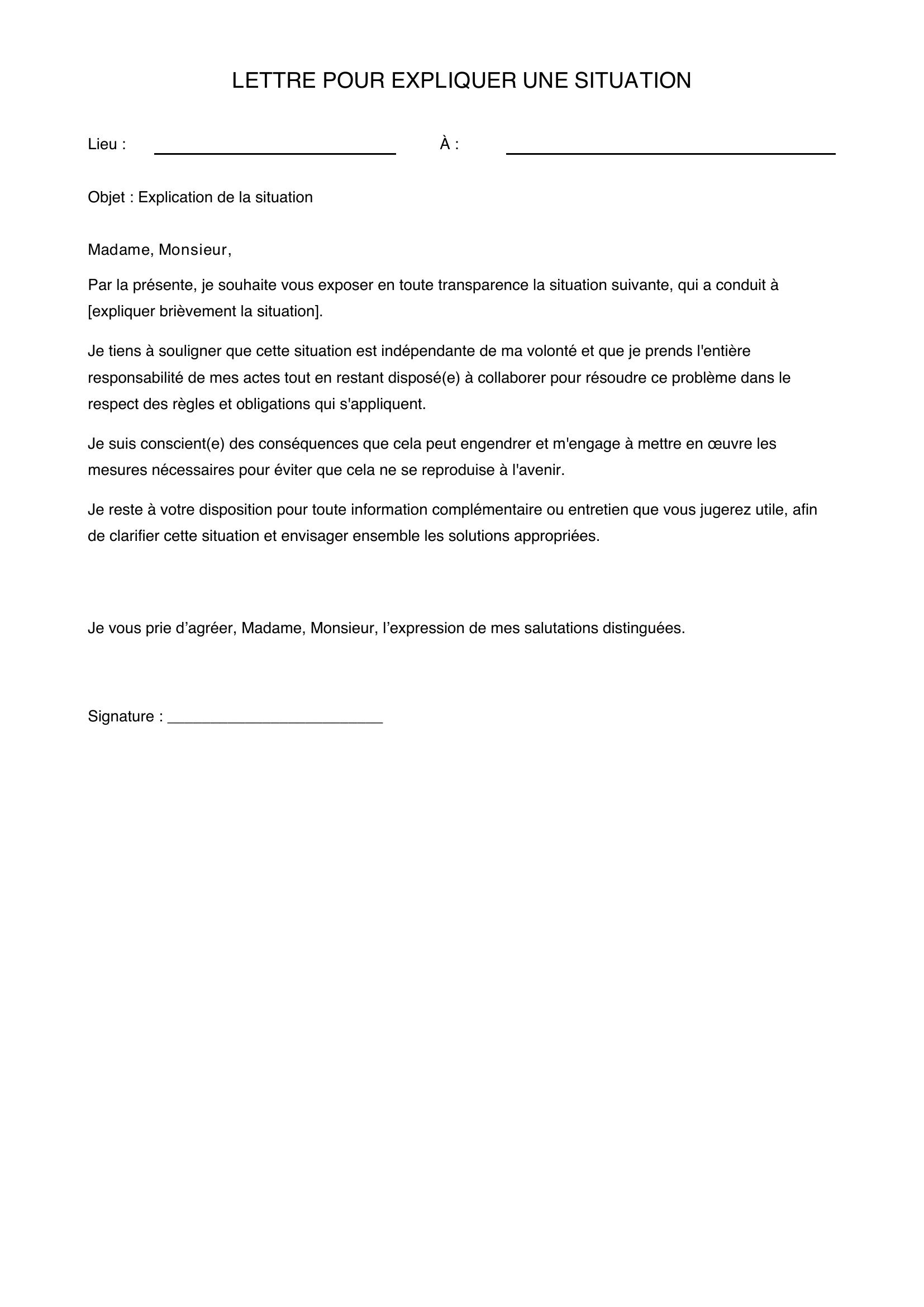 Modèle De Lettre Pour Expliquer Une Situation