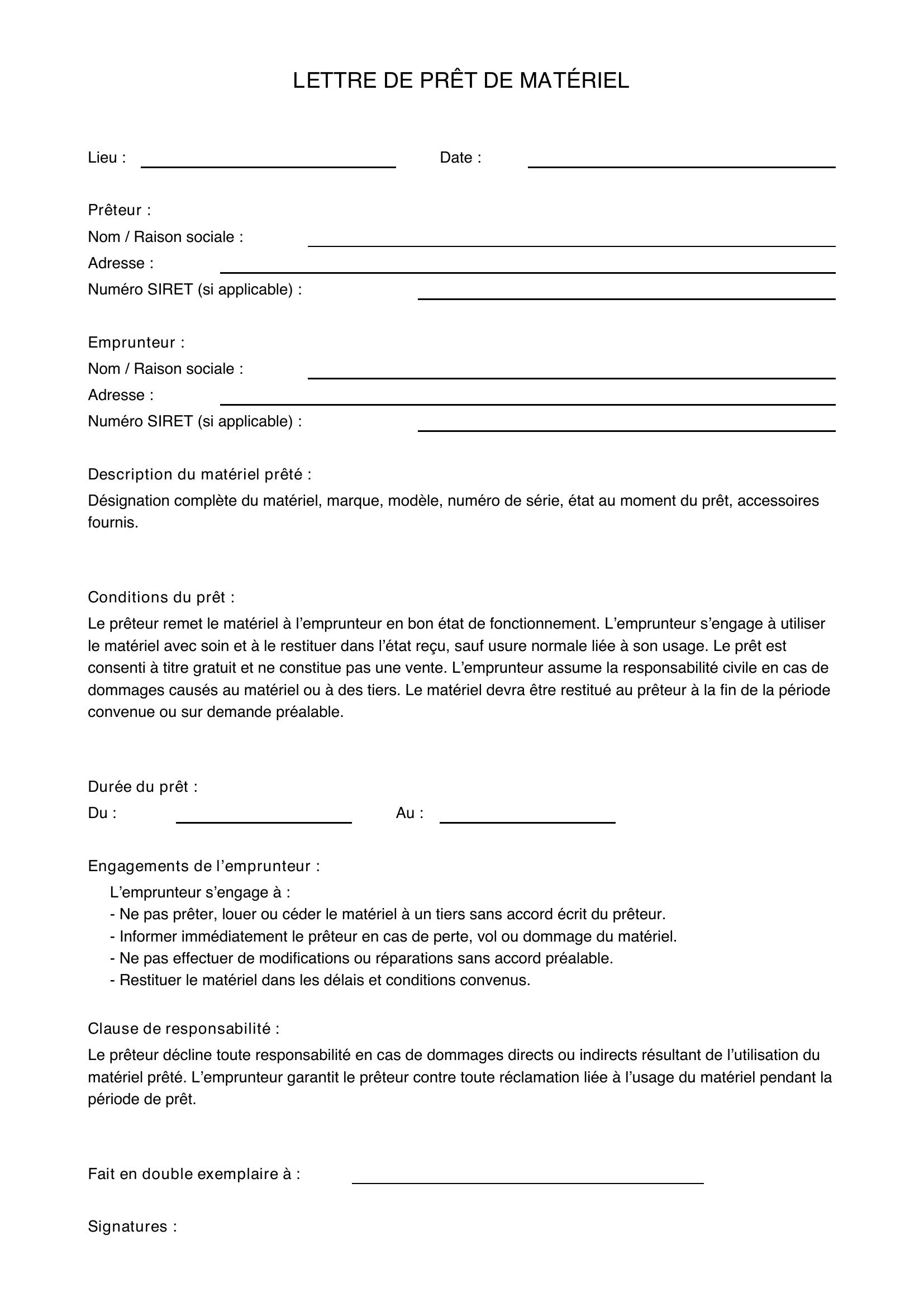 Modèle De Lettre Pour Prêt De Matériel