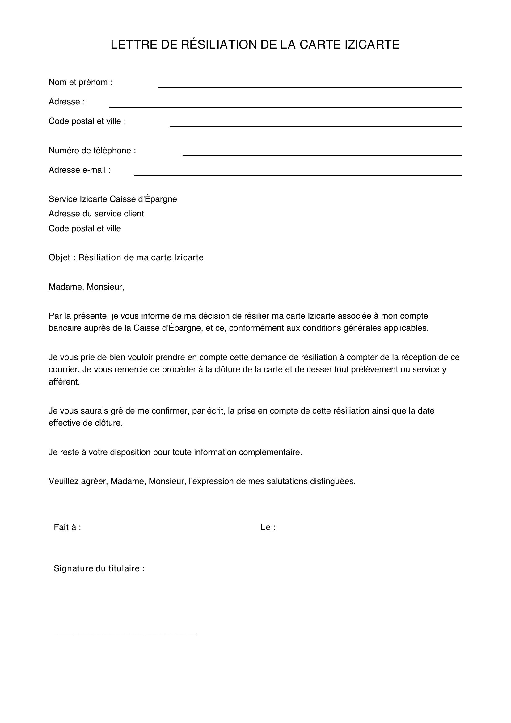 Lettre Resiliation Izicarte Caisse Epargne