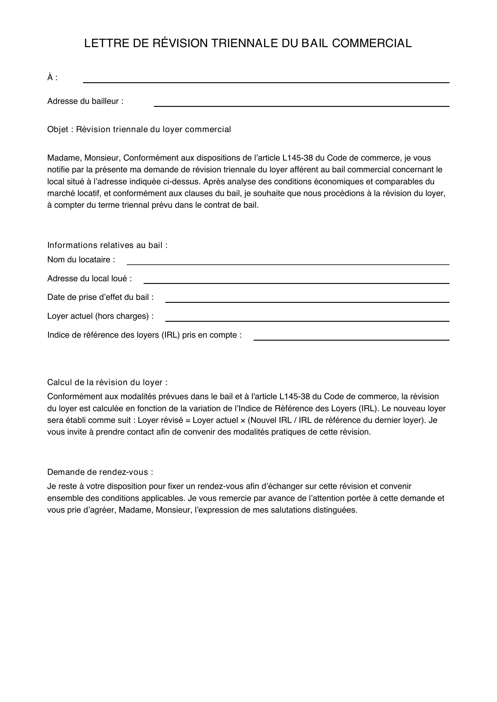 Modèle Lettre Révision Triennale Bail Commercial