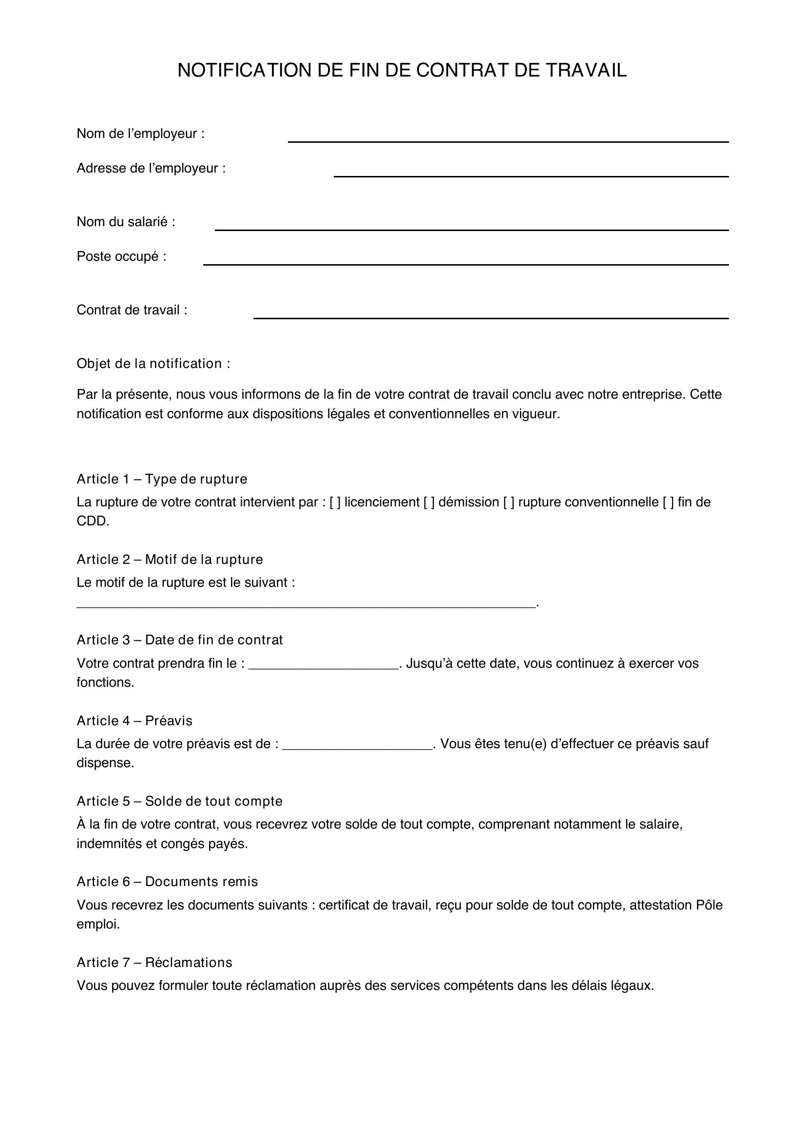Notification De Fin De Contrat