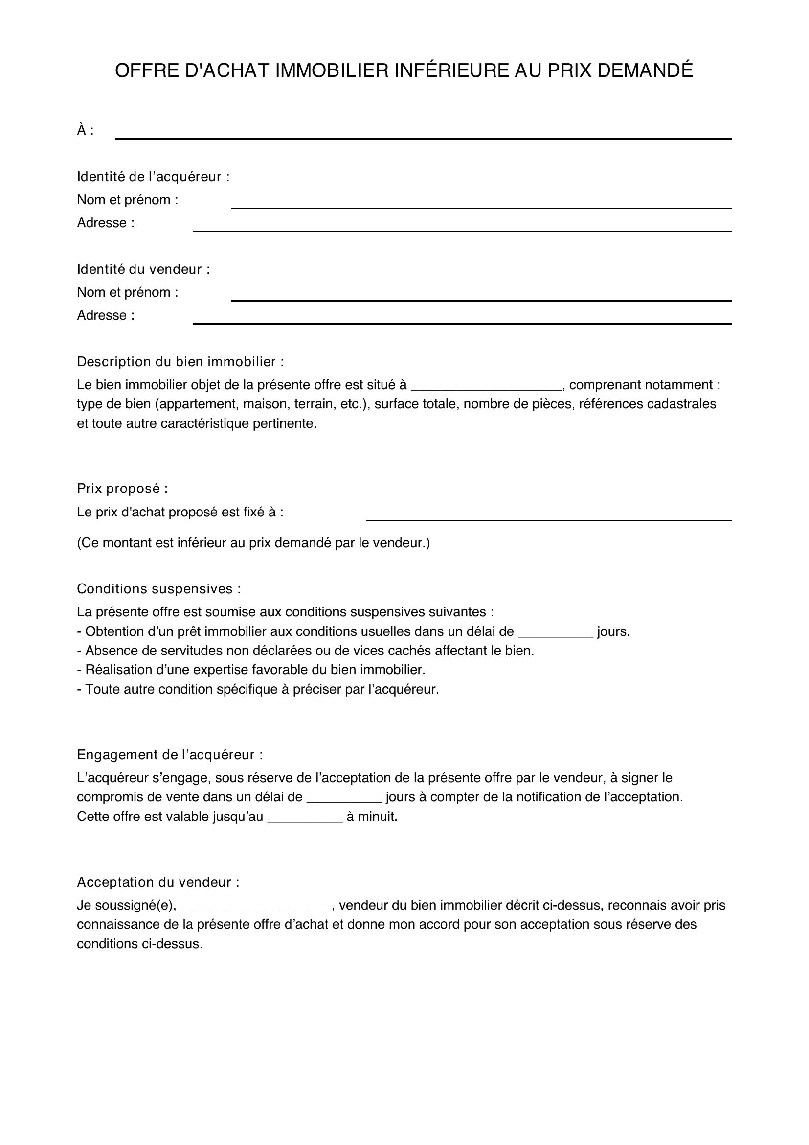 Modele Offre D'Achat Immobilier Inférieure Au Prix Demandé