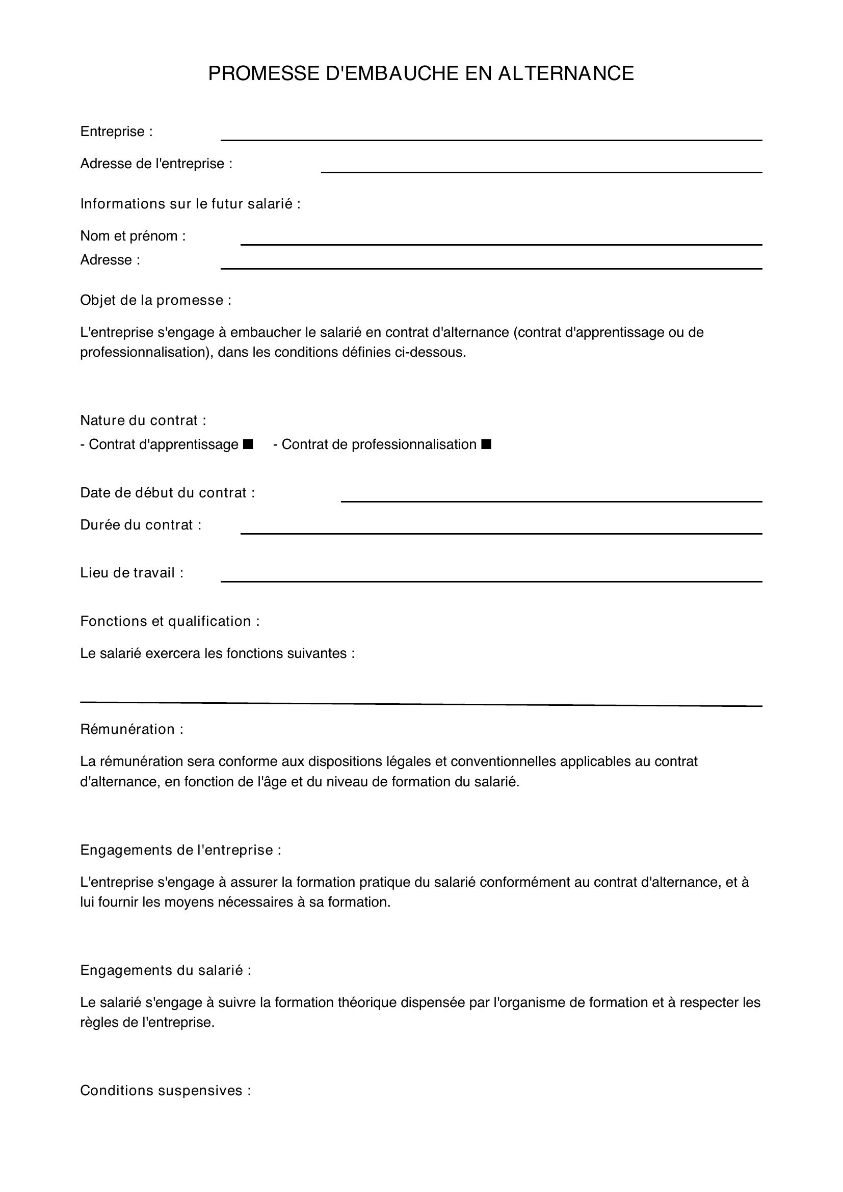 Promesse D'Embauche Alternance Modèle
