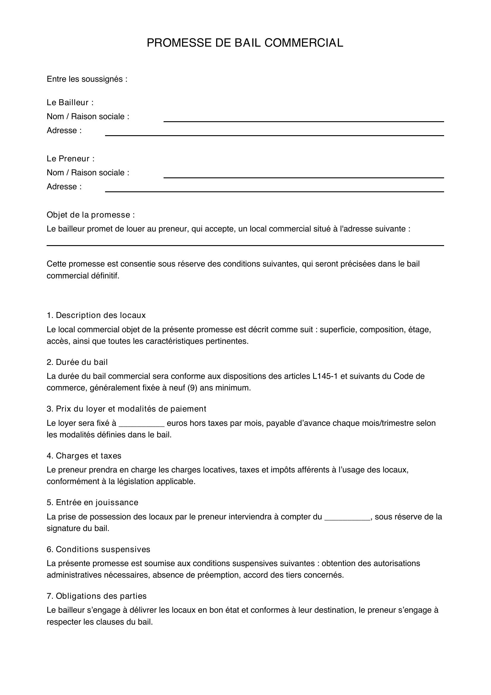 Promesse De Bail Commercial