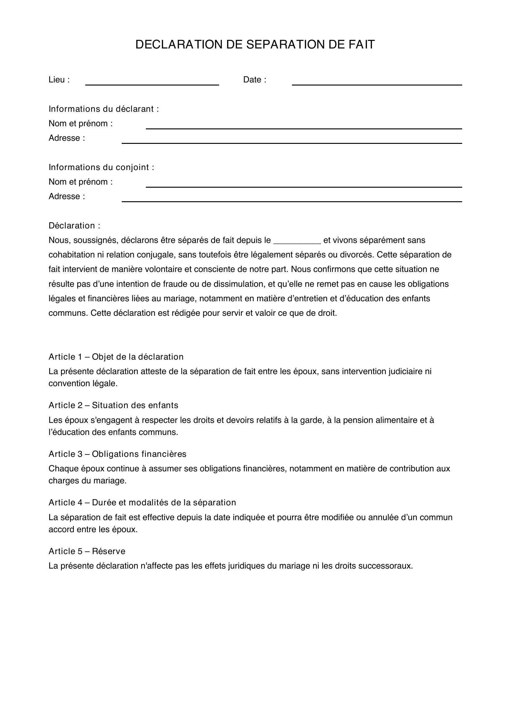 Séparation De Fait Formulaire