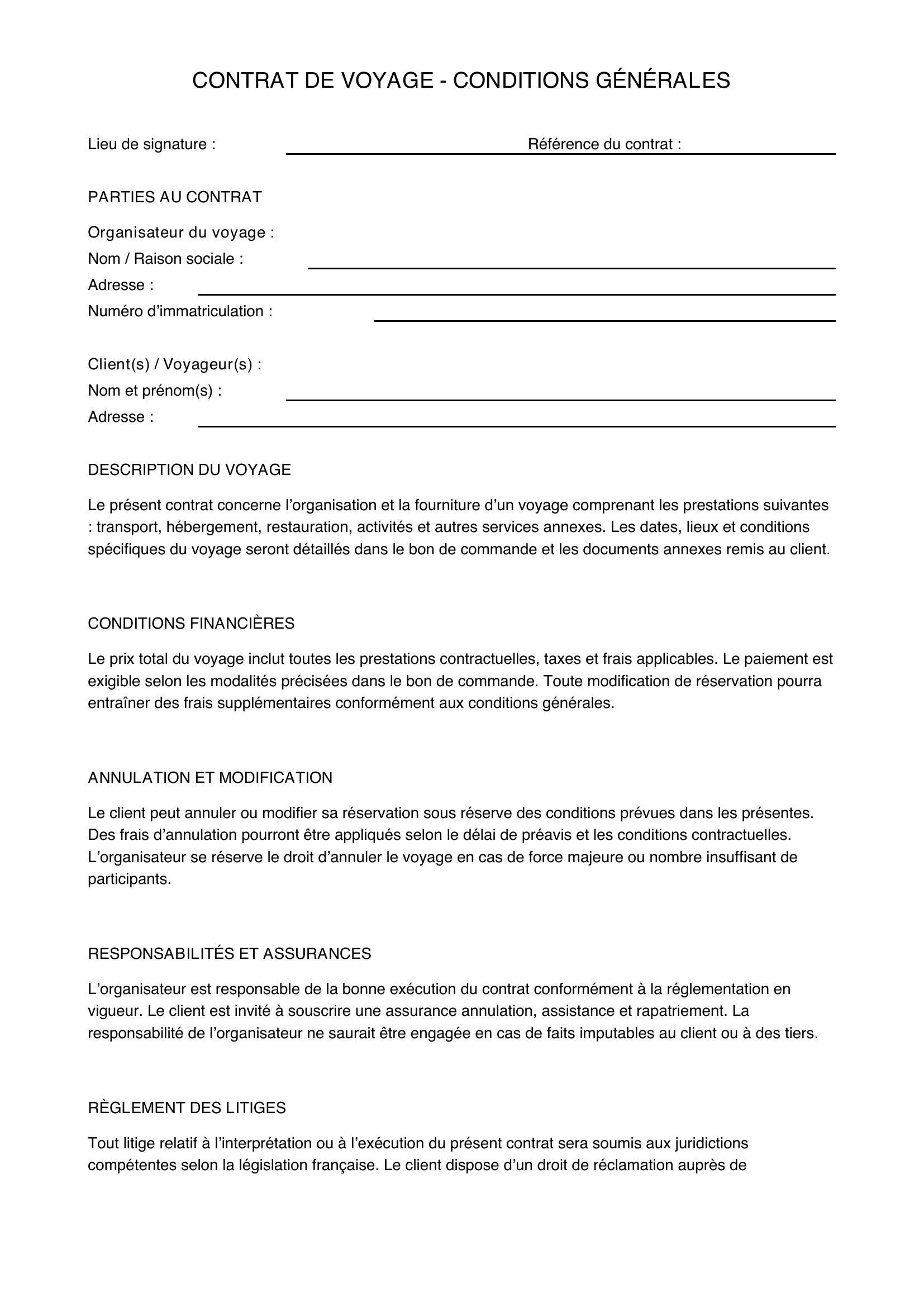 Modèle Type Contrat De Voyage